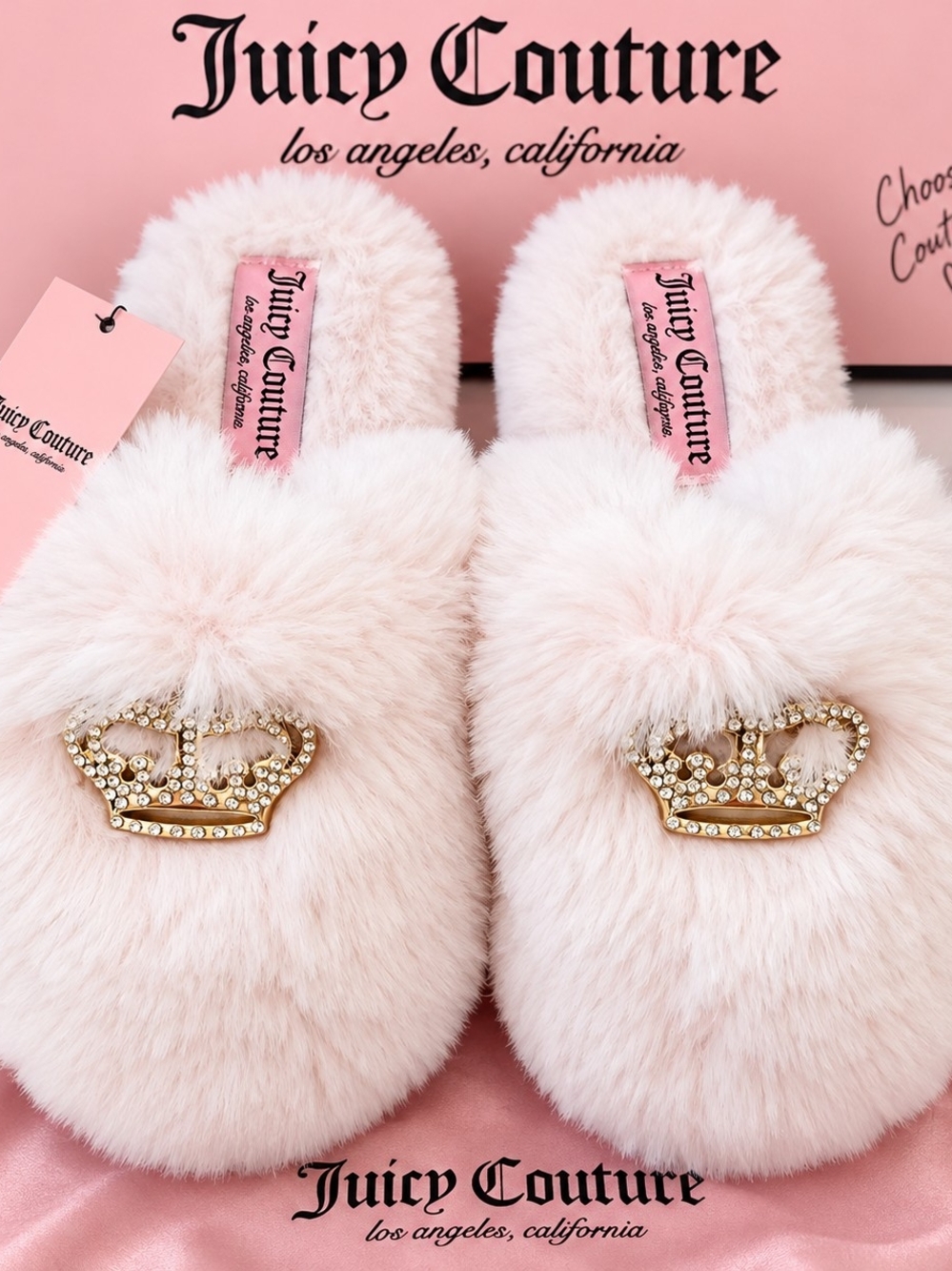 NWT Juicy Couture White Pink Faux Fur Rhinestone Crown Slippers Sz 8/9